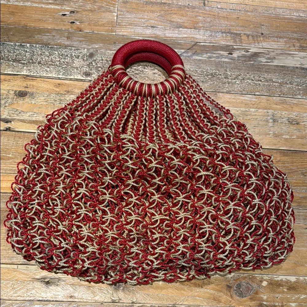 Red and Cream Handwoven Tote Bag Vintage